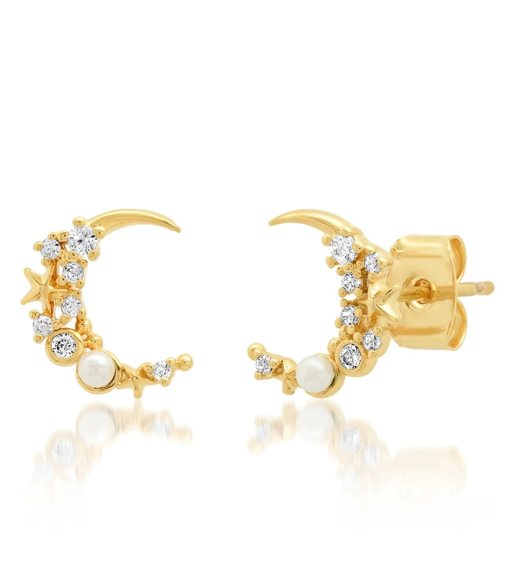 TAI Jewelry Star Moon CZ Pearl Studs Gold 1 TAI Jewelry Star Moon CZ Pearl Studs Gold