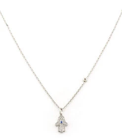 TAI Jewelry Simple Chain Necklace With CZ Hamsa Charm And CZ Accent Silver